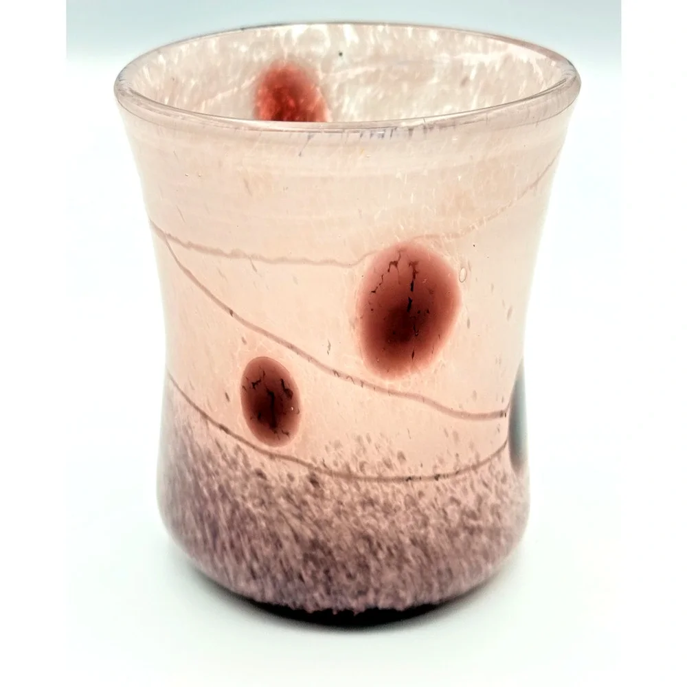 Handblown Studio Art Glass Tumbler Vase Pink Floating Purple Thumbprint Trails